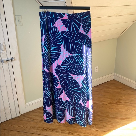 Lilly Pulitzer Maxi Skirt Size Large Under the Palms Print Navy Blue Pink - Picture 5 of 15